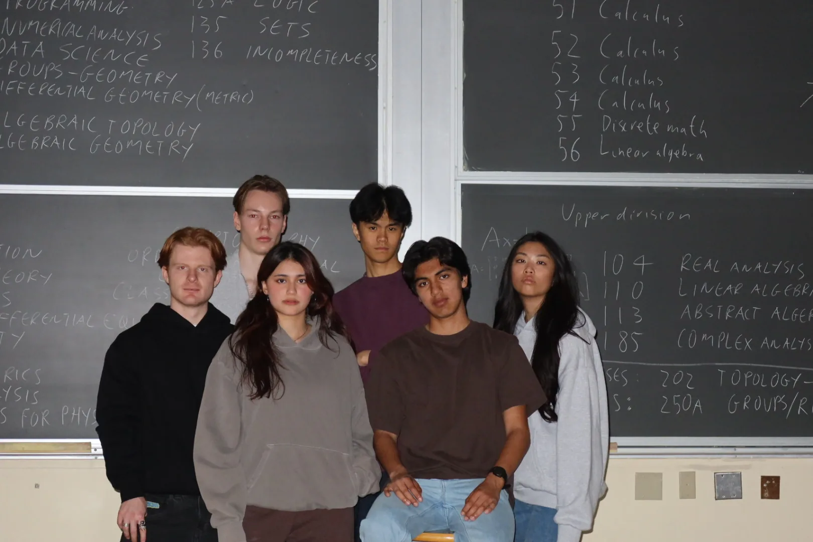 Lineup of six students in blank hoodies, crewnecks, and tees at a math chalkboard