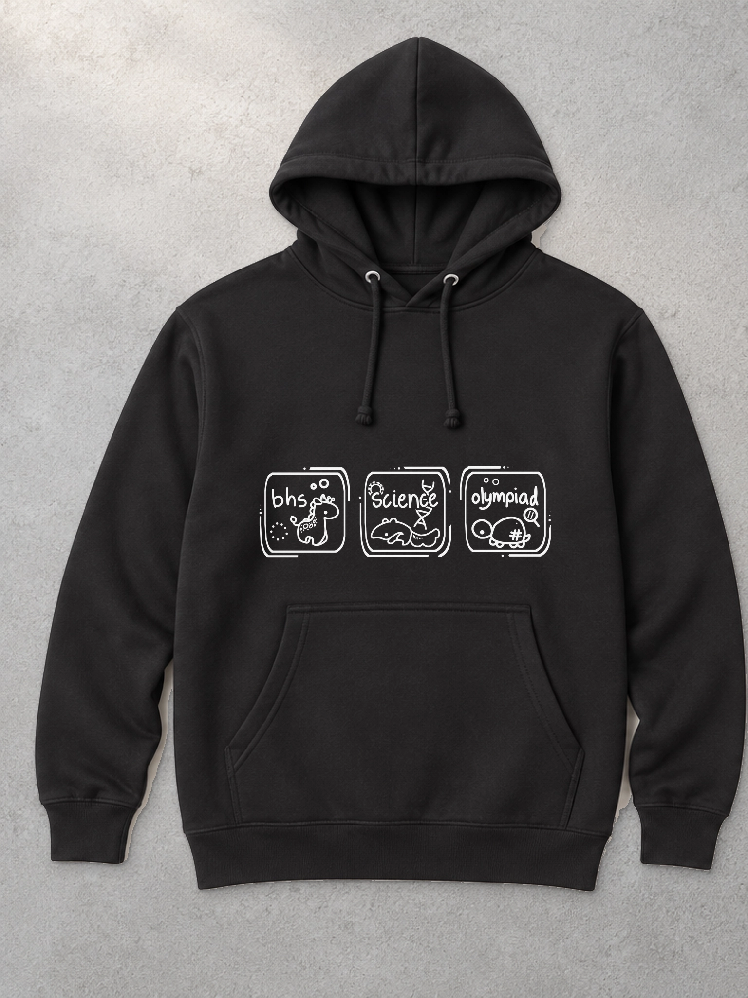 Studio mockup based on the black Independent Trading Co. SS4500 hoodie, with drawcords and three official white illustrated front panels featuring a giraffe, axolotl, and turtle