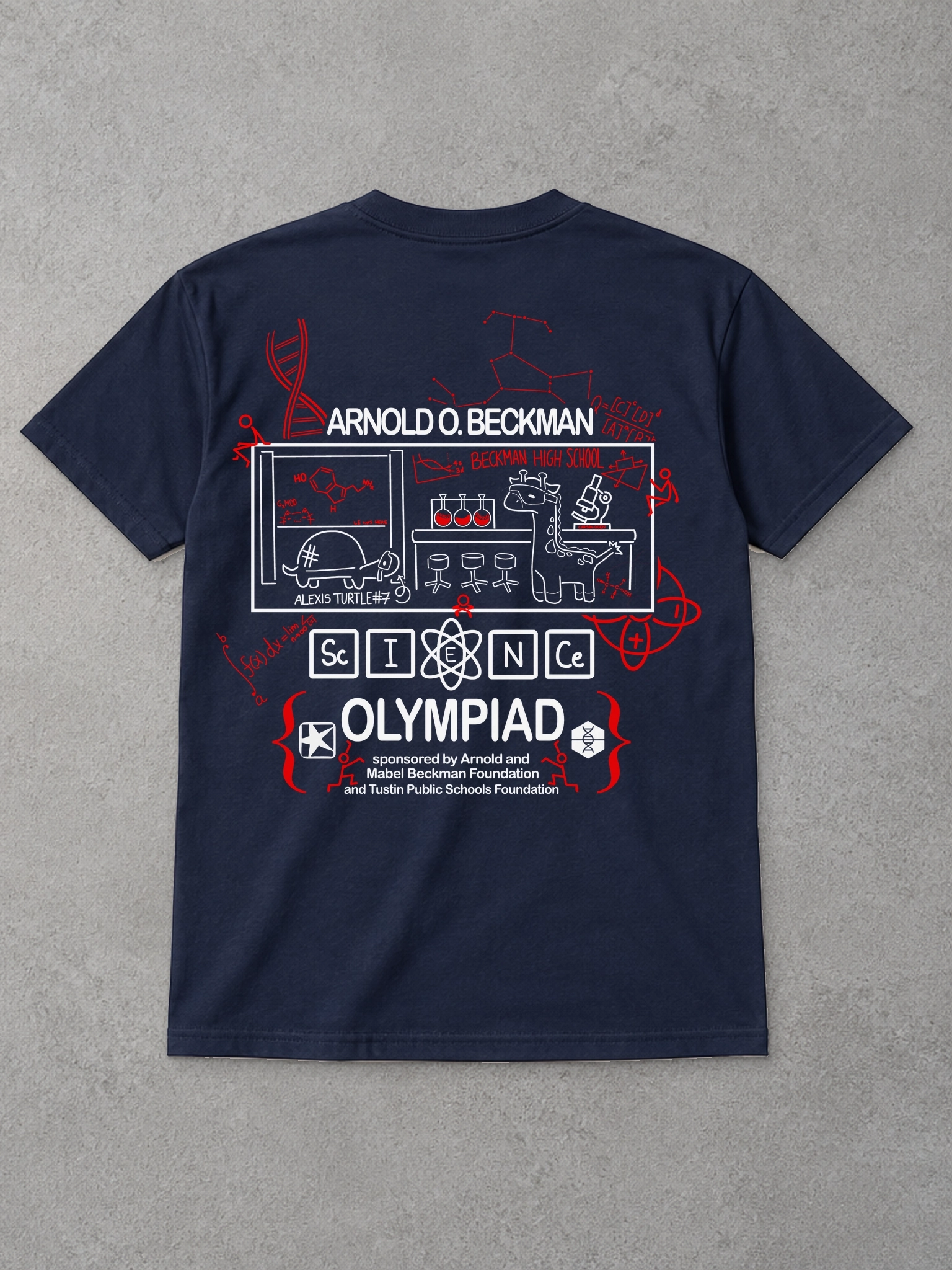 Studio mockup based on the navy Gildan 5000 tee, showing the official red and white laboratory scene, Arnold O. Beckman lettering, and sponsor acknowledgments on the back