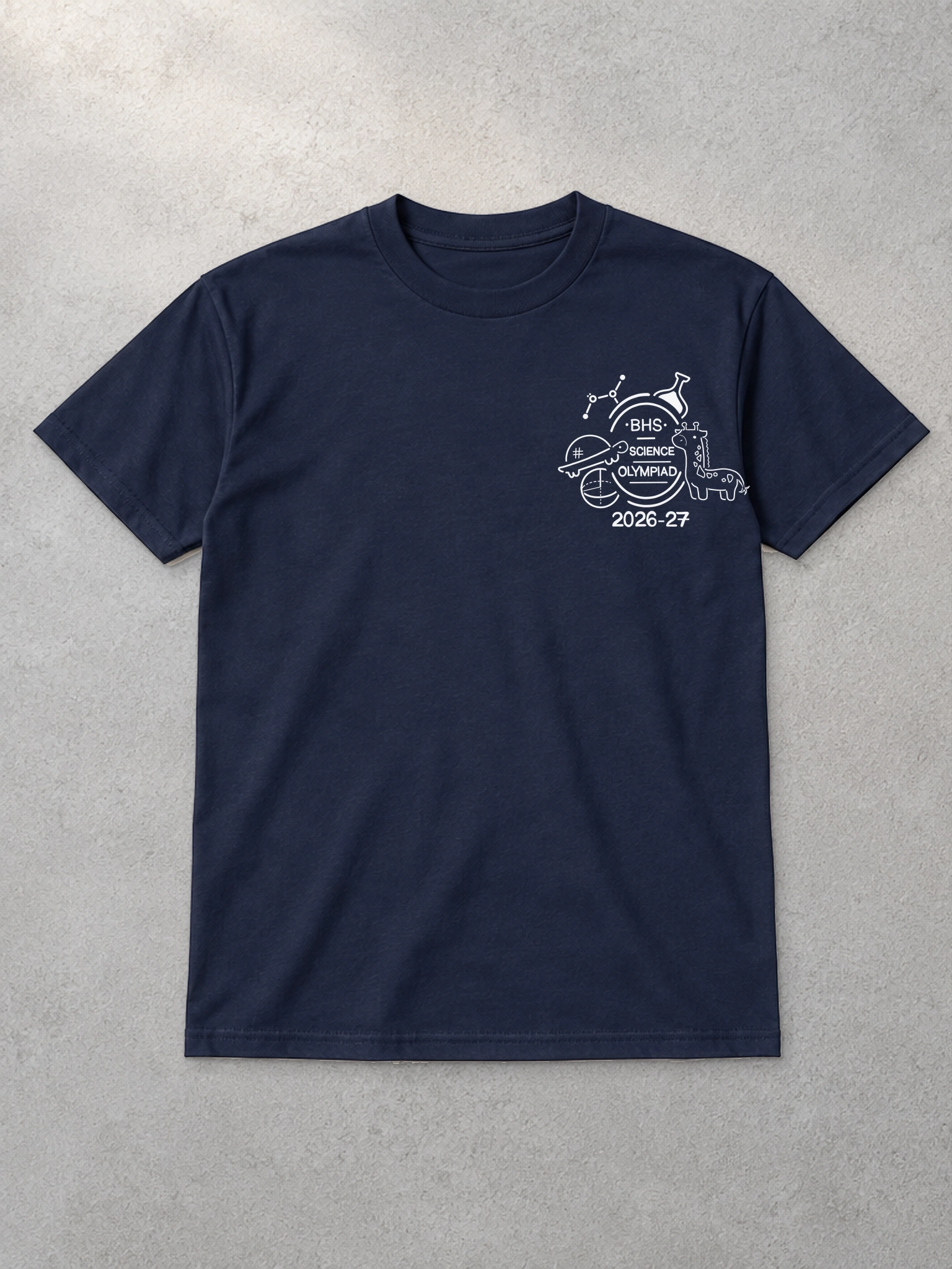 Studio mockup based on the navy Gildan 5000 tee, with the official white BHS Science Olympiad chest illustration and 2026 to 2027 school year