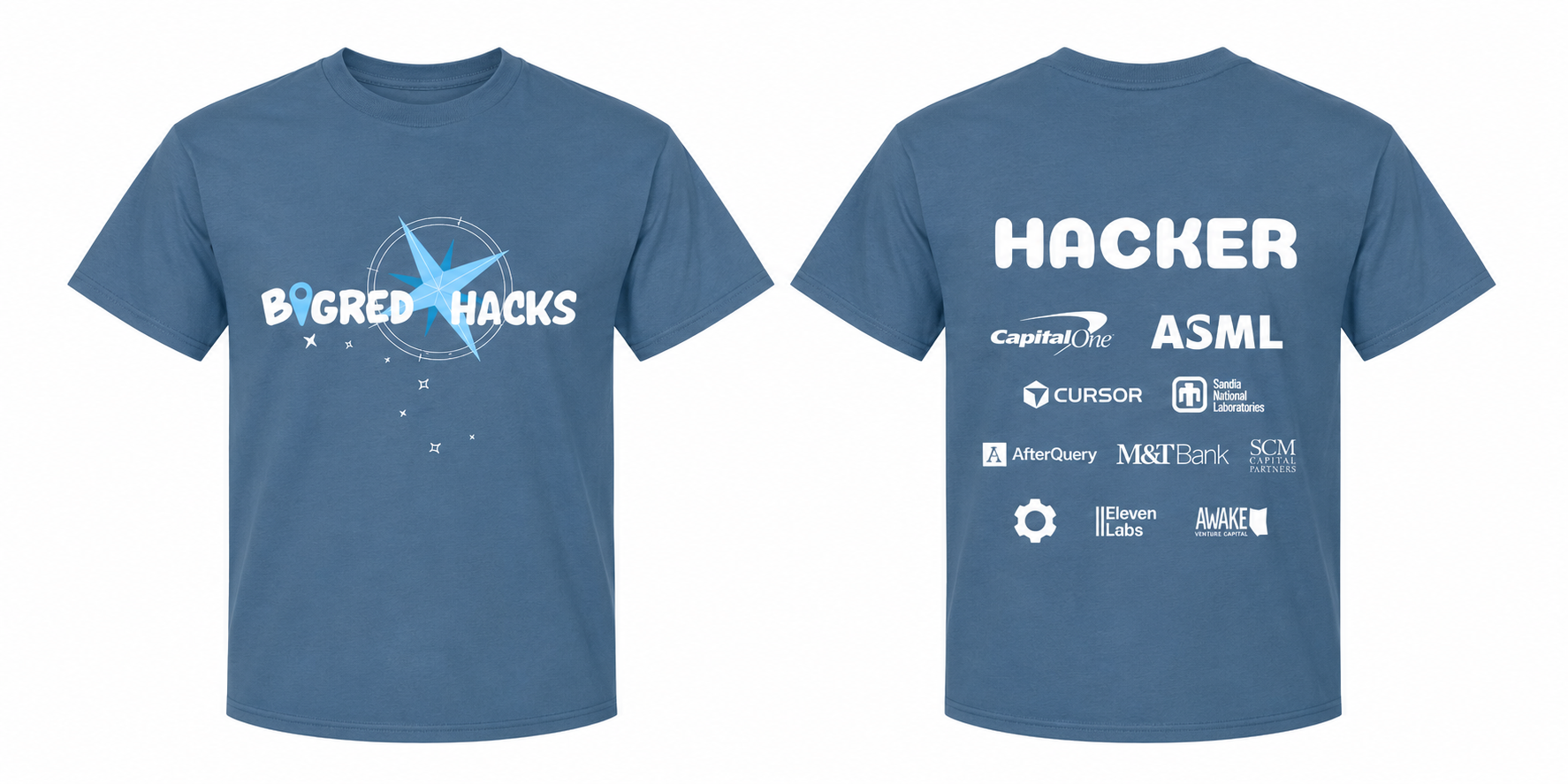 Front and back of a blue BigRed//Hacks t-shirt with a compass graphic, HACKER lettering, and sponsor logos