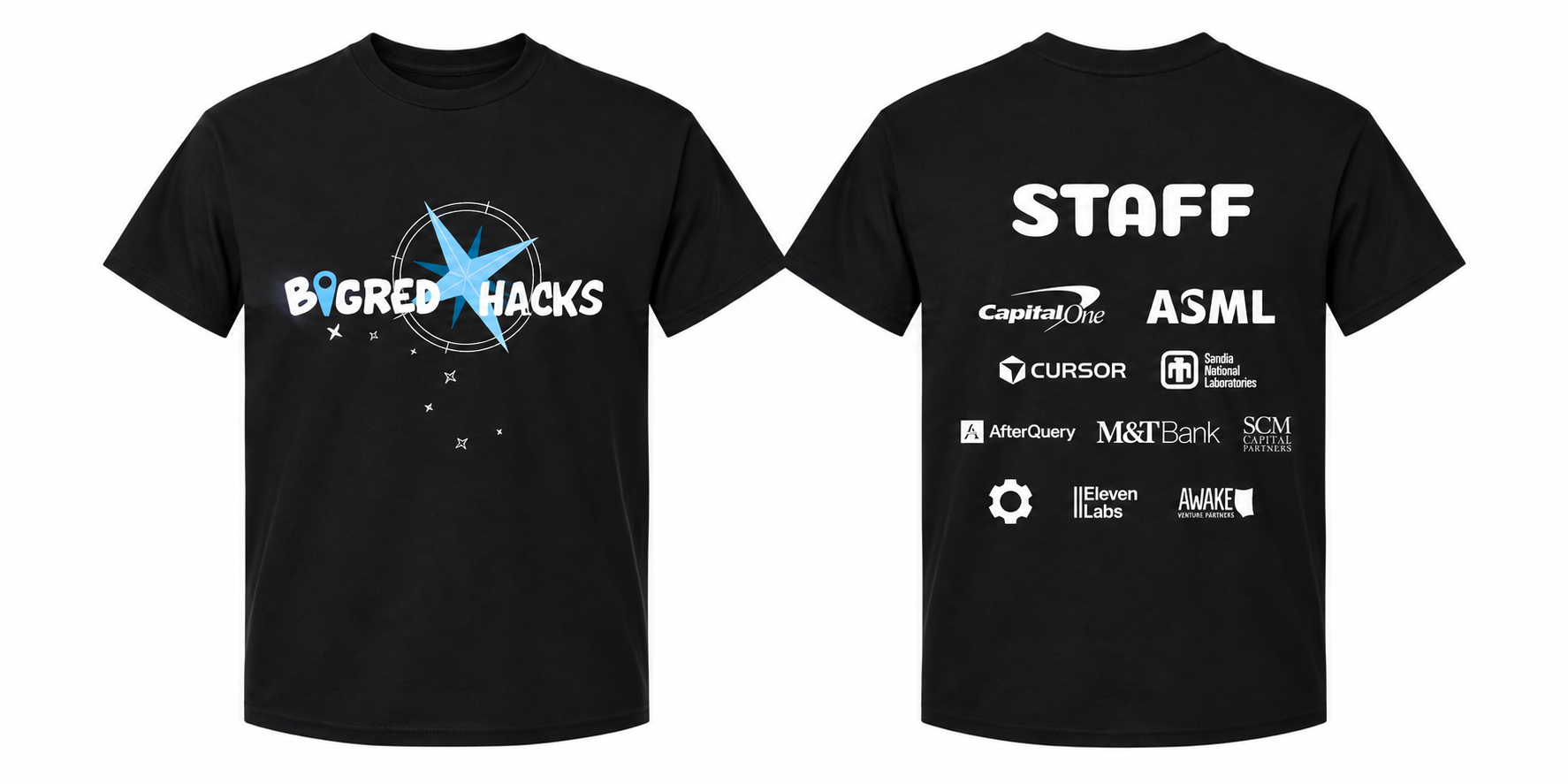 Front and back of a black BigRed//Hacks t-shirt with a blue compass graphic, STAFF lettering, and sponsor logos