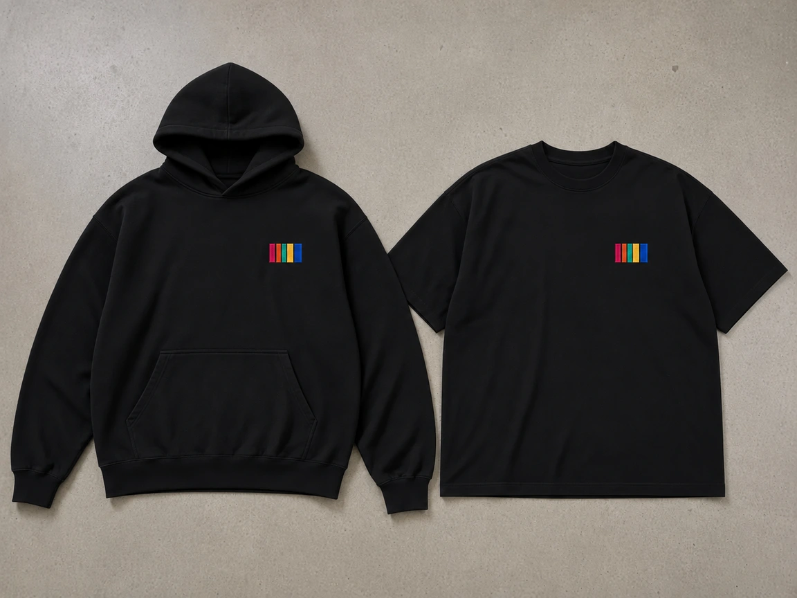 Flat-lay studio photograph of a black Independent Trading Co. IND420XD heavyweight hoodie and a black Lane Seven LS16005 boxy cotton tee side by side on a concrete floor, both with a five-bar Hue left-chest embroidery