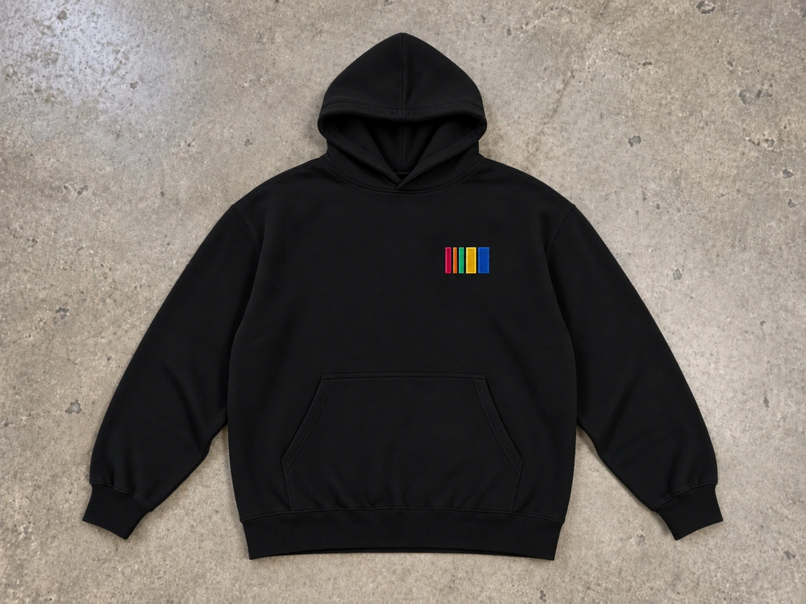Flat-lay studio photograph of a black Independent Trading Co. IND420XD 420 GSM heavyweight pullover hoodie on a concrete floor with a five-bar Hue logo embroidered on the left chest