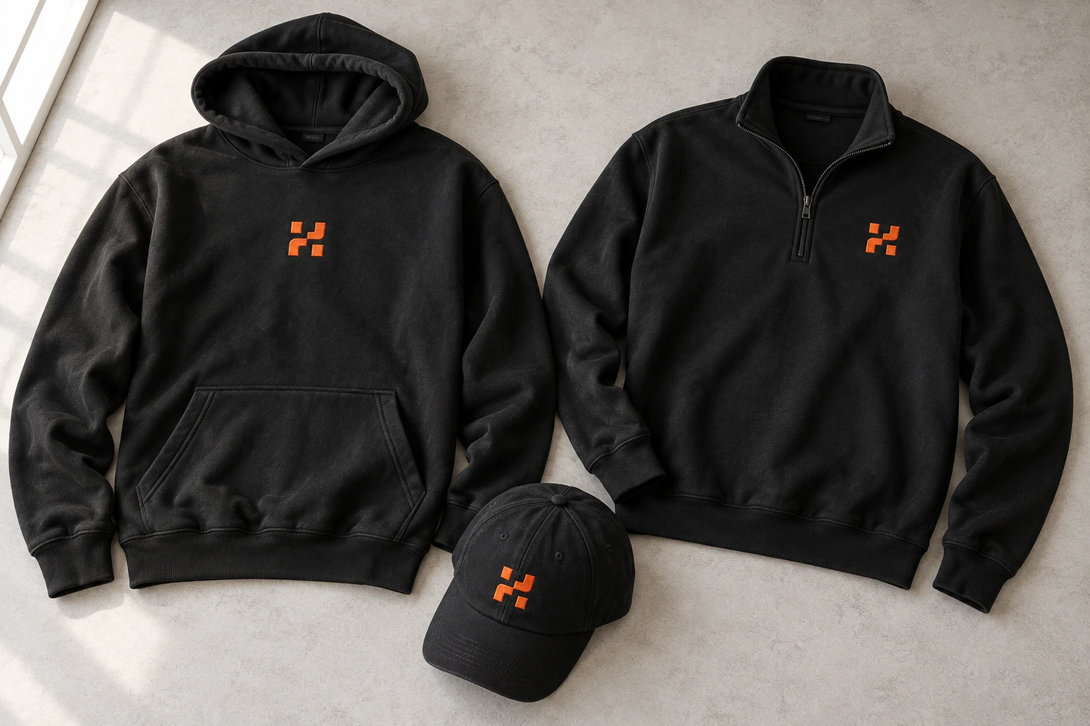 AI-generated studio visualization of a black HydraDB hoodie with an orange symbol centered on the chest, a black quarter zip with the same symbol on the wearer's left chest, and a black cap with the symbol on the front