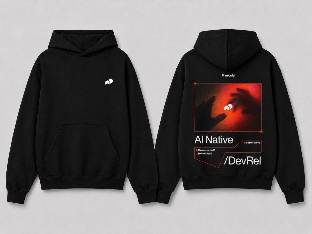 Black hoodie with small white manicule icon on front and AI Native DevRel back graphic with red-toned photography