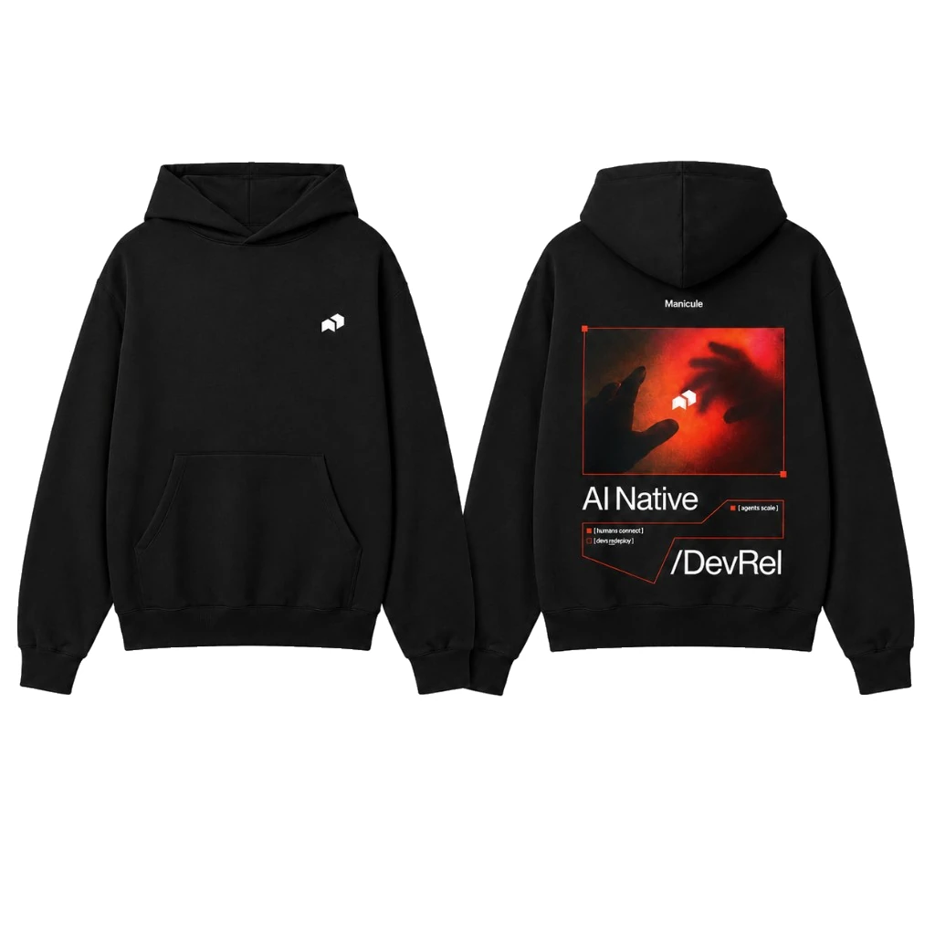 Black hoodie with a small white manicule icon and a printed back graphic, front and back