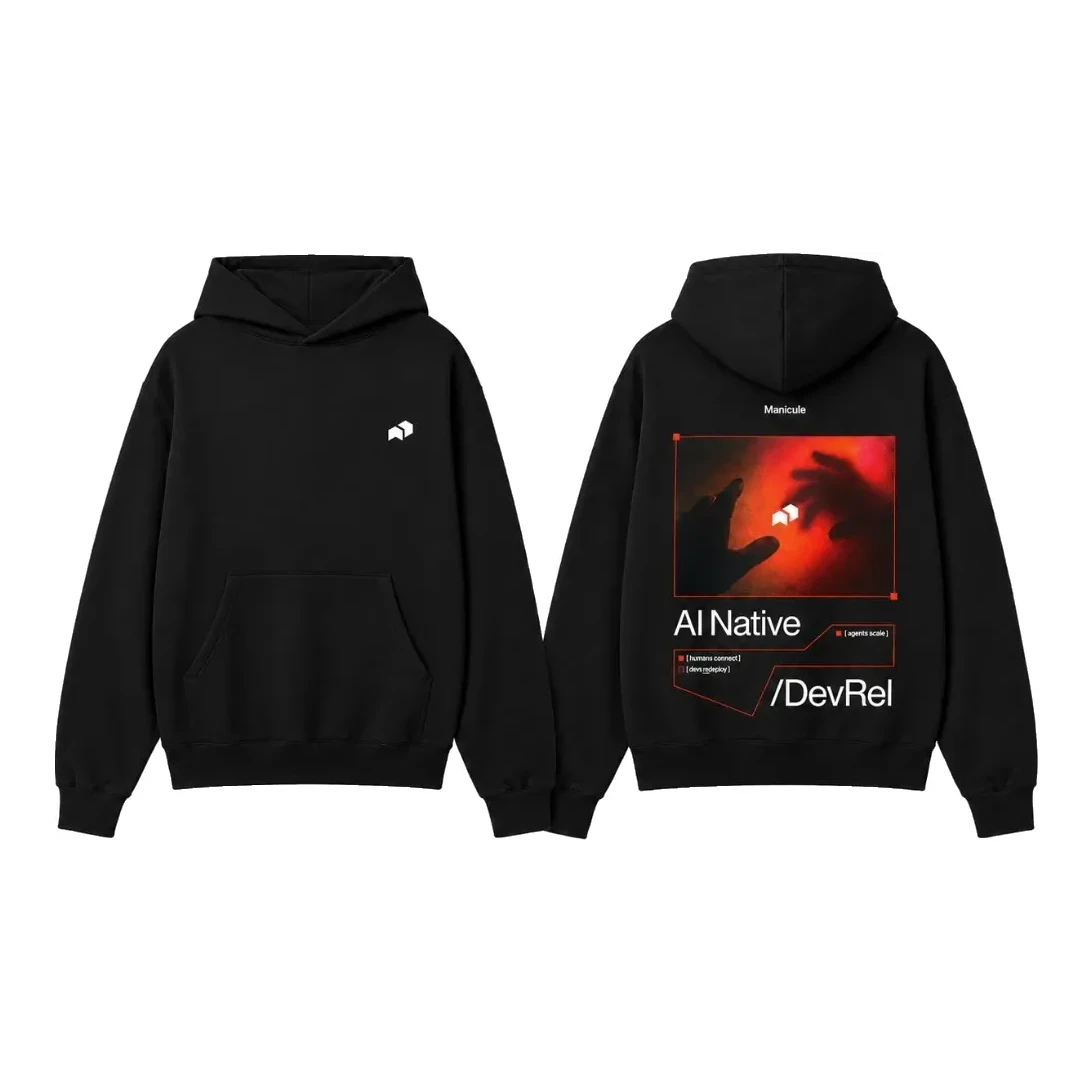 Black hoodie with small white manicule icon on front and AI Native DevRel back graphic with red-toned photography, front and back