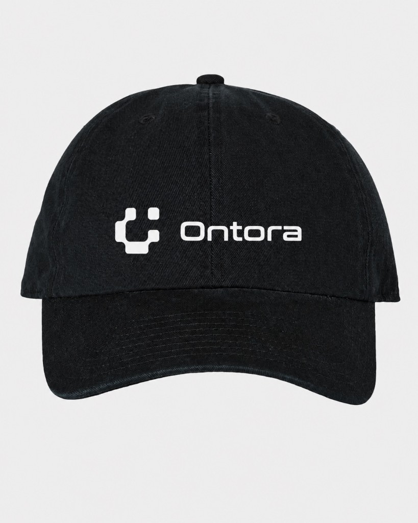 Washed black dad cap with embroidered white Ontora logo