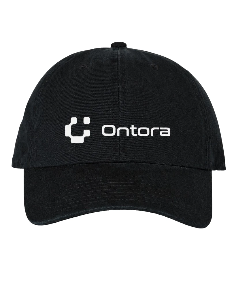 Washed black dad cap with embroidered white Ontora logo