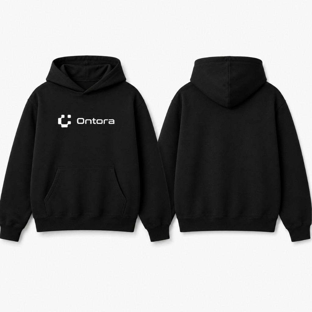 Black heavyweight hoodie with white Ontora wordmark on the chest, front and back