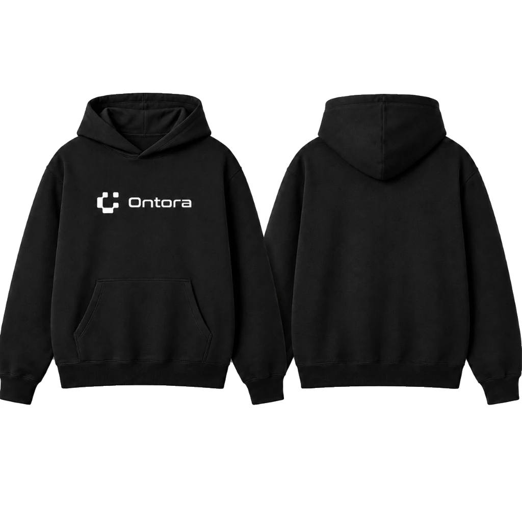 Black heavyweight hoodie with white Ontora wordmark on the chest, front and back
