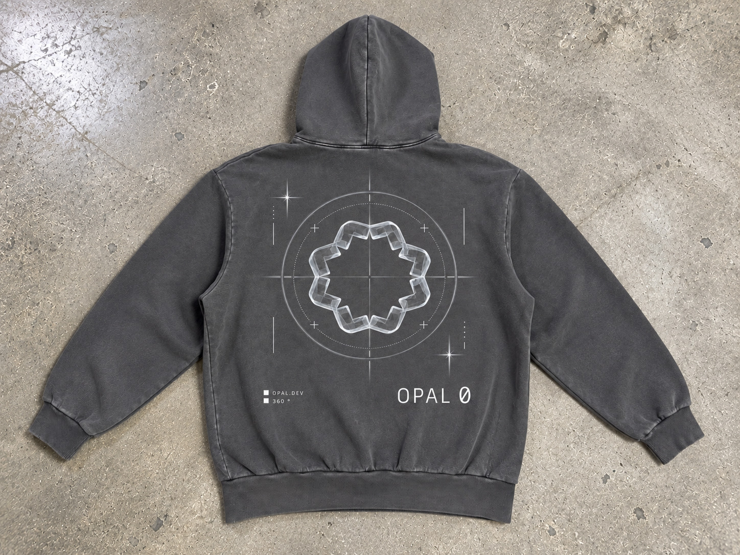 Generated photoshoot mockup of the back of a gunmetal pullover hoodie with a geometric Opal graphic and circular linework