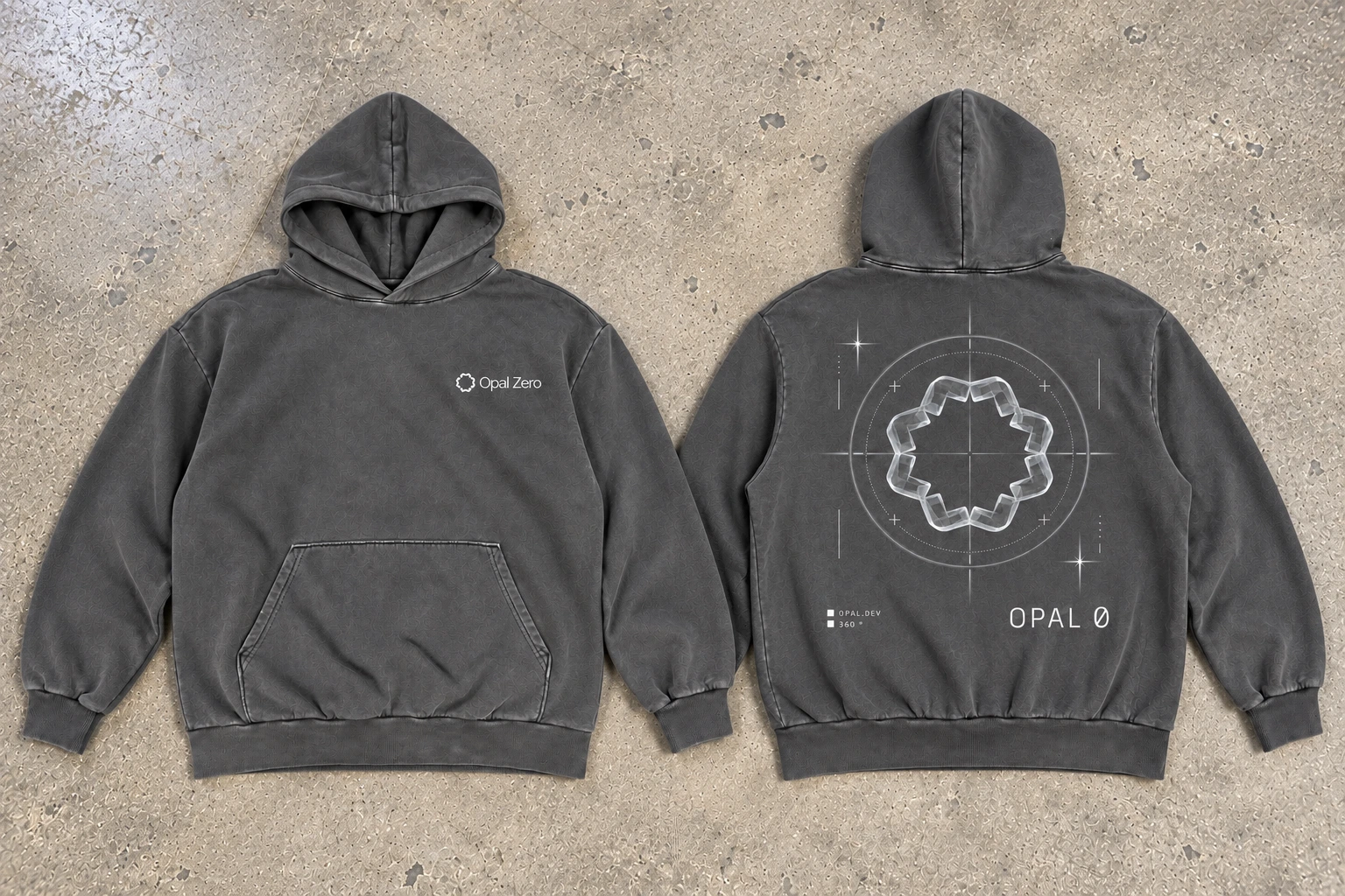 Gunmetal Opal Zero hoodies shown together, with the small white chest mark and geometric back graphic visible across the composite
