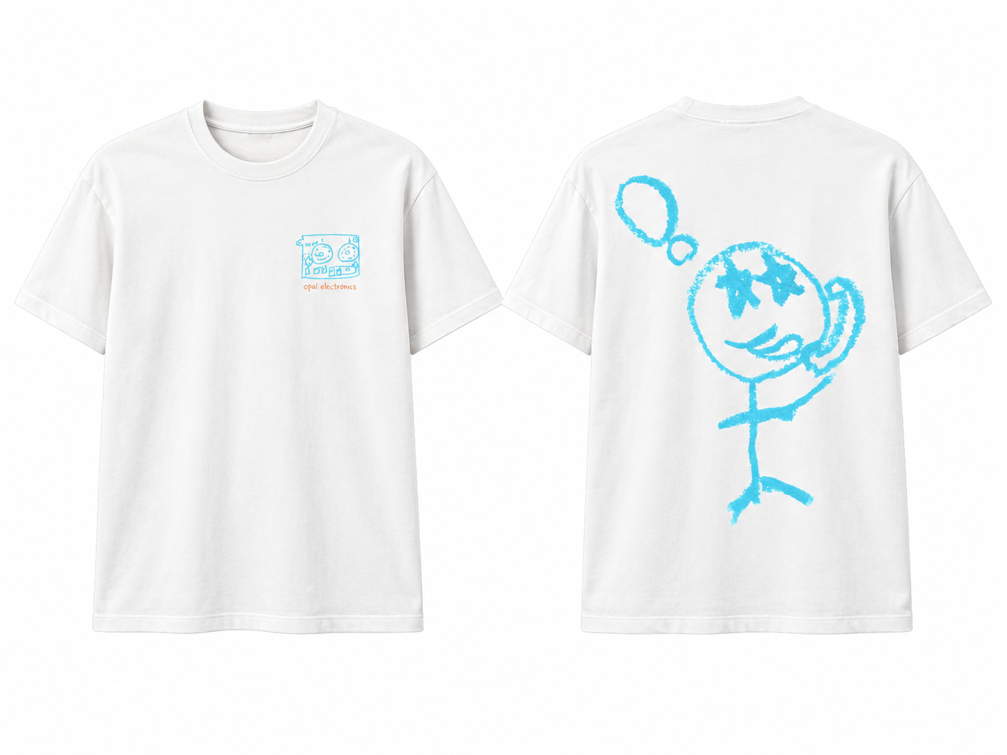 Front and back of a white Opal Electronics tee with a small blue device sketch and orange lettering on the chest, plus a smiling blue stick figure with star-shaped eyes on the back