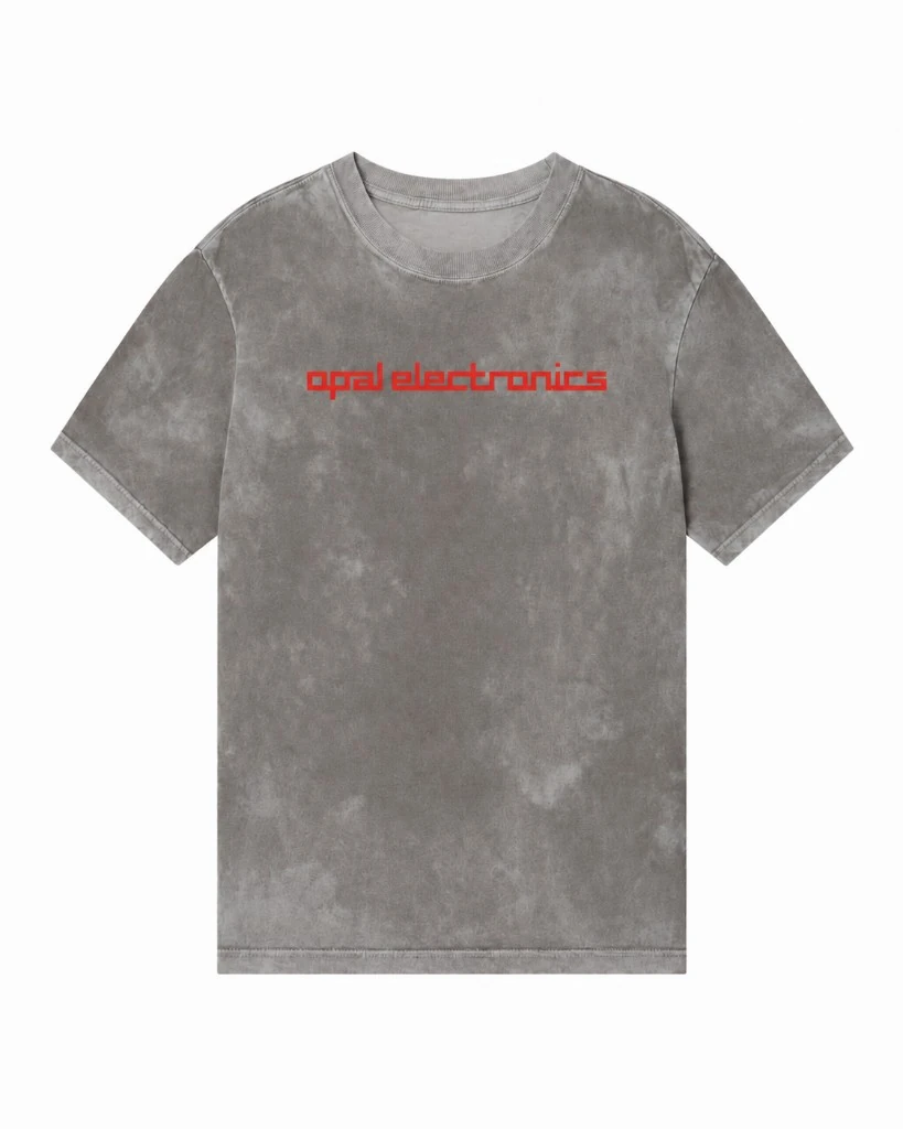 Mineral-washed gray tee with a red lowercase opal electronics wordmark across the chest