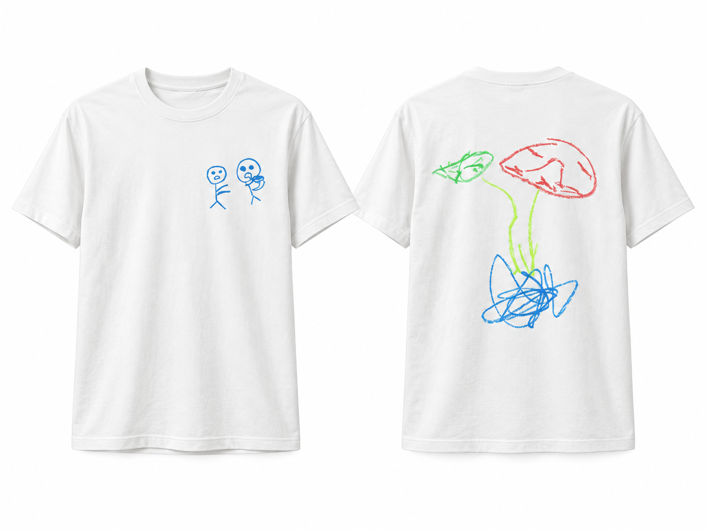 Front and back of a white Opal Electronics tee with two blue hand-drawn figures on the chest and red, green, and blue childlike drawings on the back