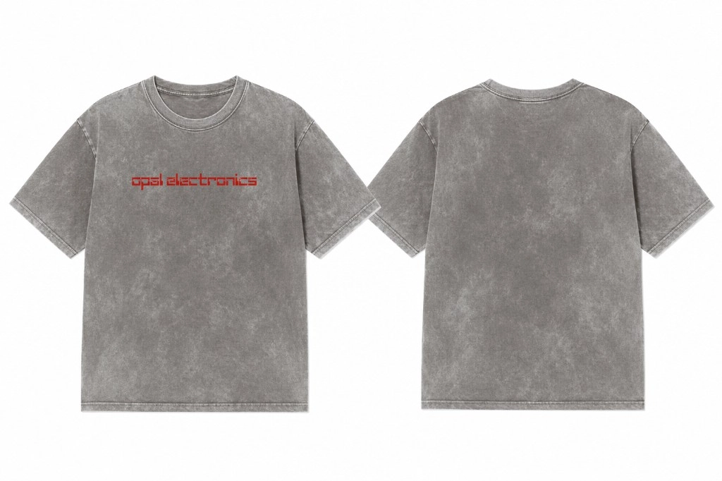 Mineral-washed gray Opal Electronics tee showing the red chest wordmark on the front and a blank back