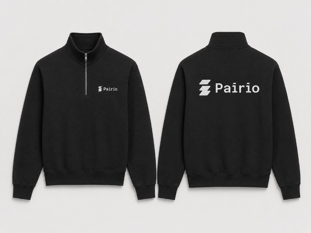 Black quarter-zip fleece with small white Pairio wordmark on left chest and larger logo on upper back
