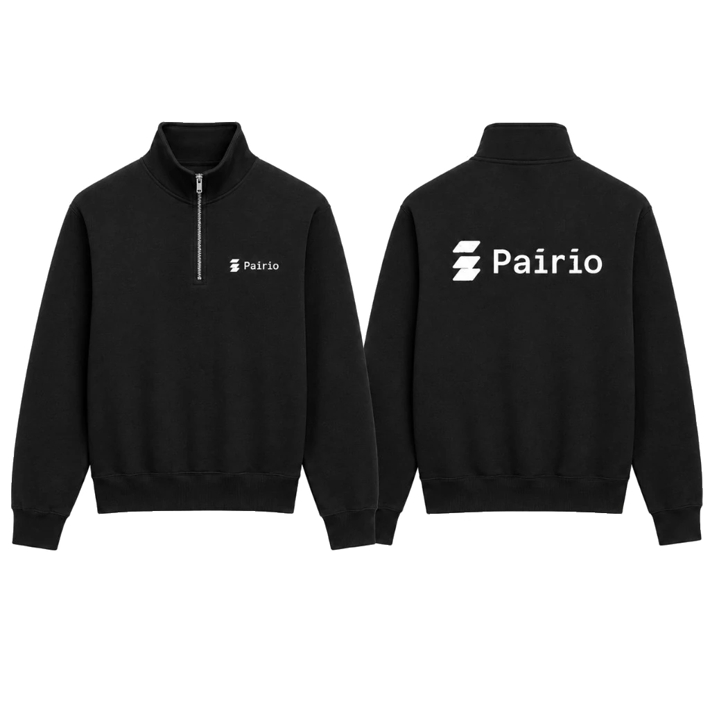 Black quarter-zip fleece with an embroidered Pairio wordmark, front and back