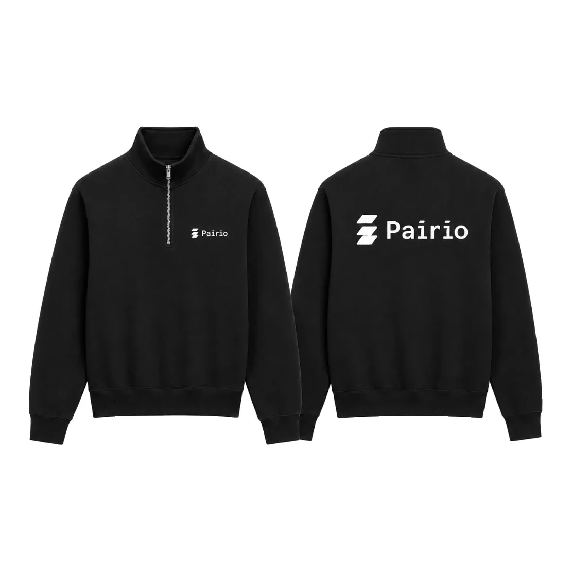 Black quarter-zip fleece with small white Pairio wordmark on left chest and larger logo on upper back, front and back