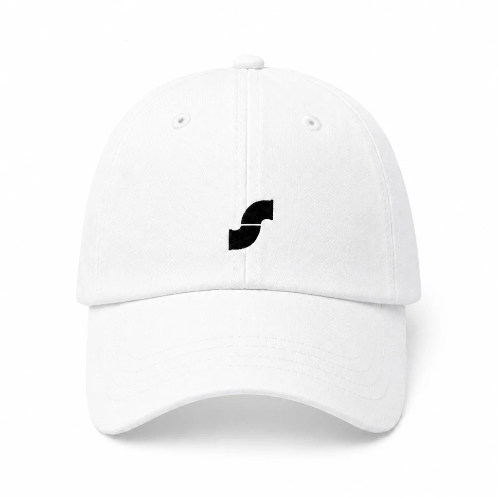 White dad cap with black embroidered screenpipe pipe logo on the front
