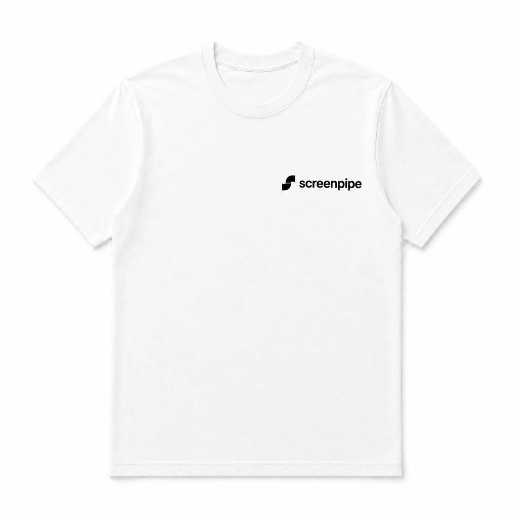 White tee with black screenpipe icon and wordmark on the left chest
