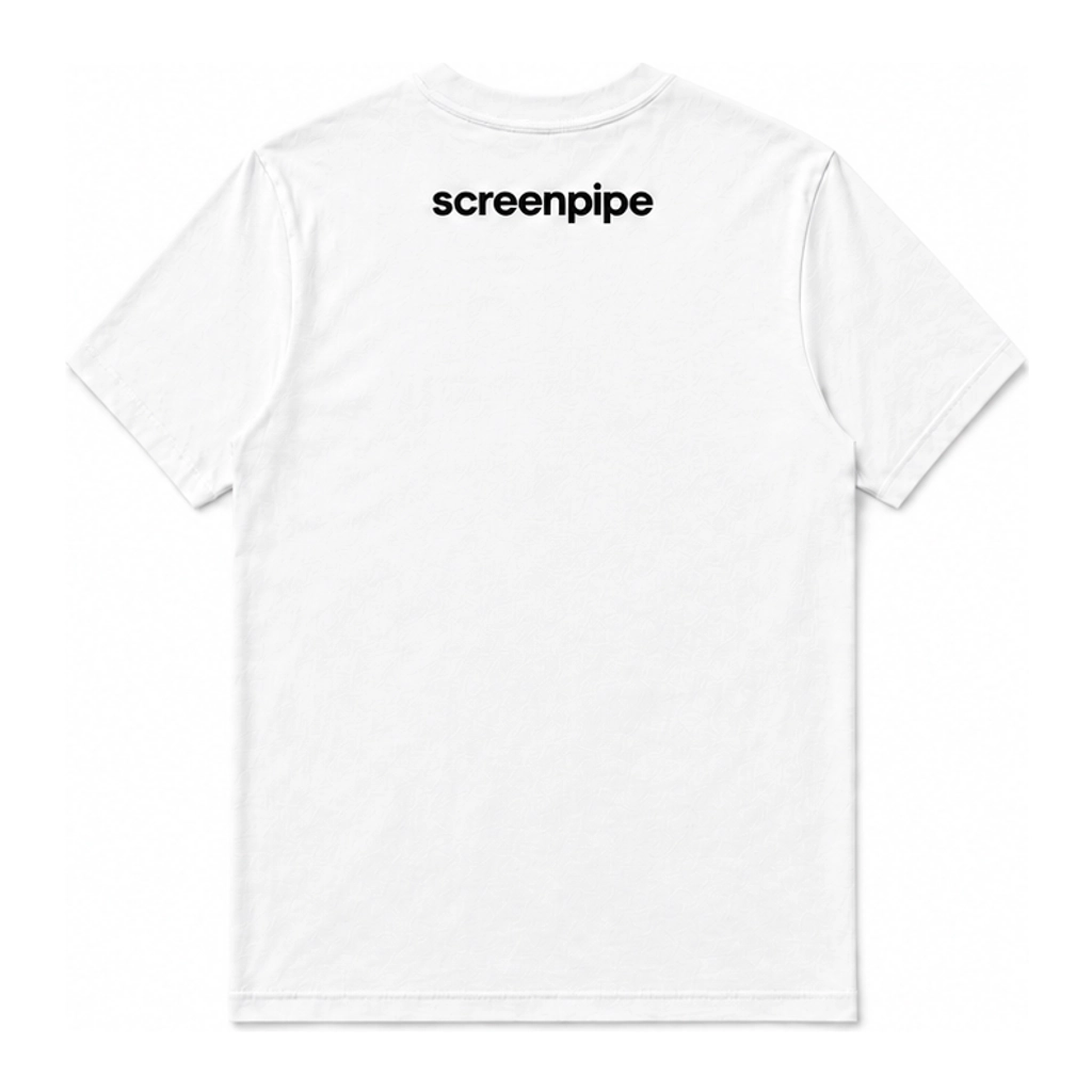 Back of the white screenpipe tee with the black screenpipe wordmark set high between the shoulders