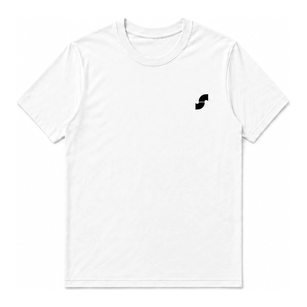 Front of the white screenpipe tee with a small black pipe mark on the left chest