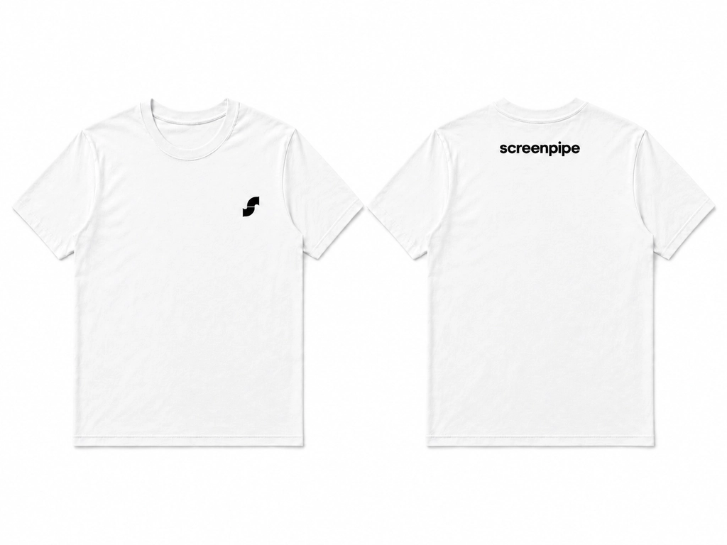 White screenpipe tee shown front and back: a small black pipe mark on the left chest and the screenpipe wordmark across the upper back