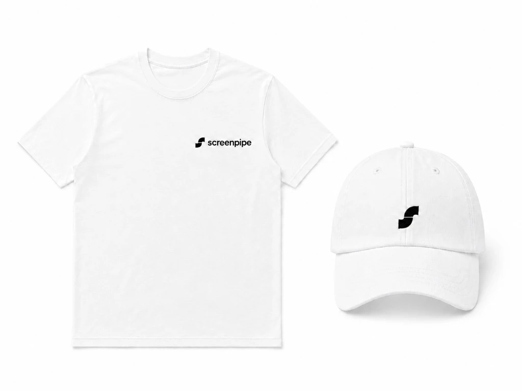 White screenpipe tee with left-chest lockup and white dad cap with embroidered pipe logo, side by side