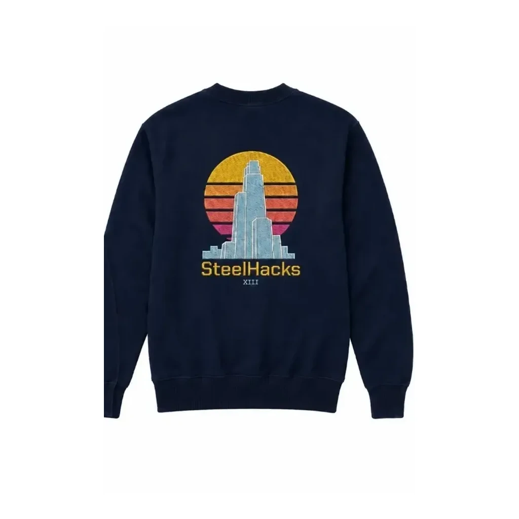 Back of a navy SteelHacks XIII crewneck with a sunset Pittsburgh skyline graphic, SteelHacks, and XIII