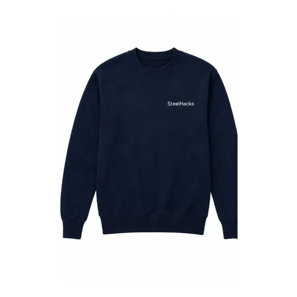 Front of a navy SteelHacks XIII crewneck with a small white SteelHacks mark on the chest