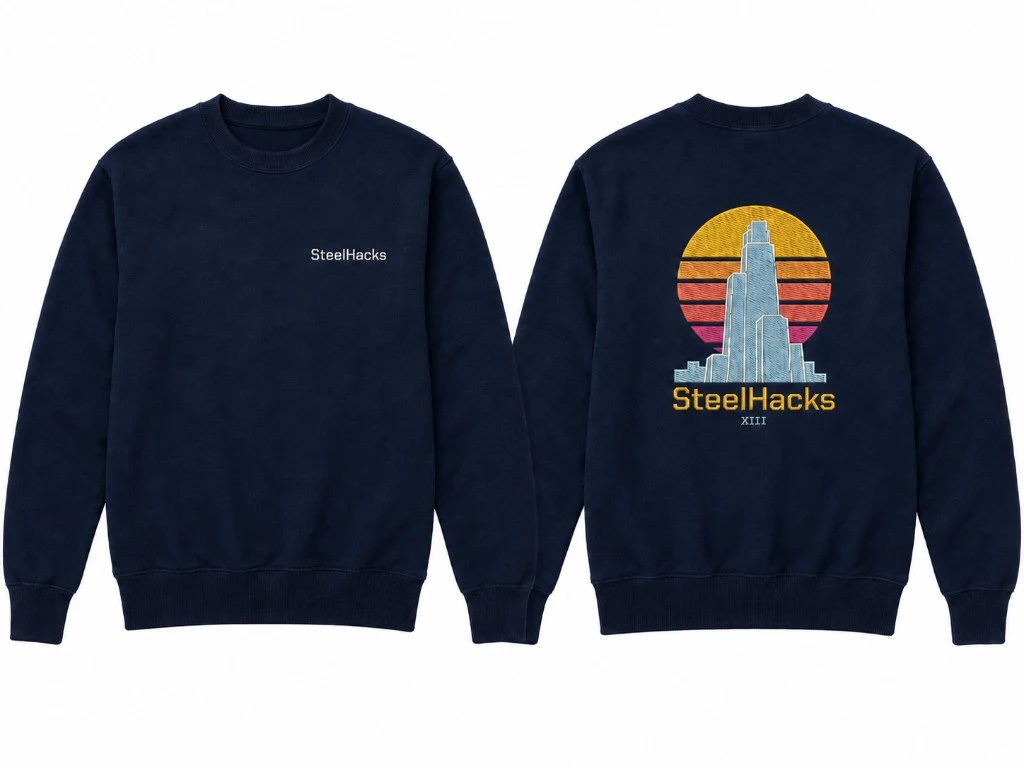 Navy SteelHacks XIII crewneck showing a white chest wordmark on the front and a sunset Pittsburgh skyline graphic on the back