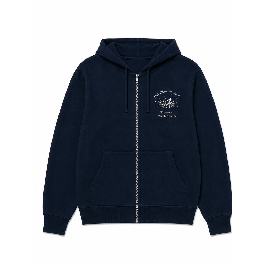 Front of a navy Club Chang'an zip hoodie personalized with an embroidered cabinet role and member name
