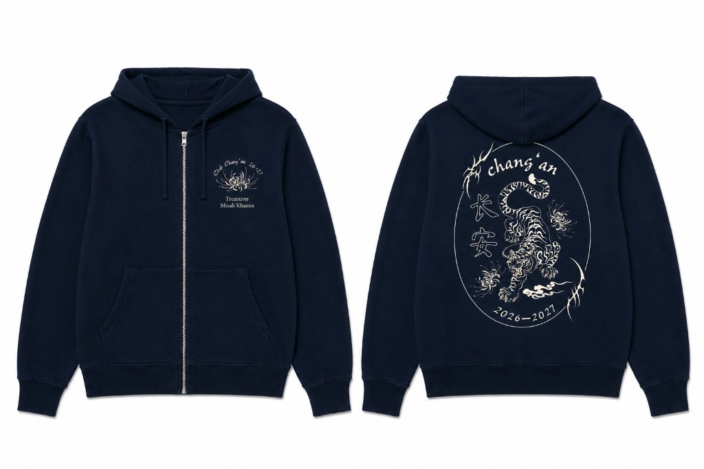 Navy Whitney High School Club Chang'an zip hoodie showing personalized cream chest embroidery and a large cream tiger design on the back