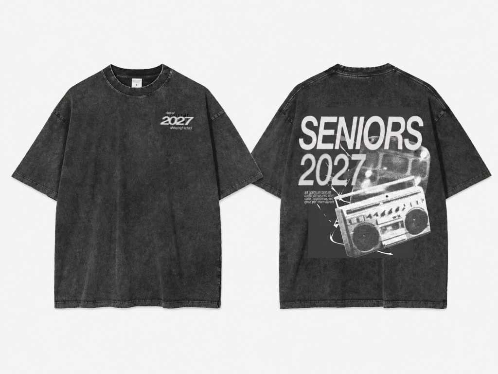 Washed charcoal senior class tee showing front chest Class of 2027 lockup and back SENIORS 2027 boombox print