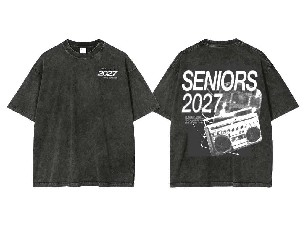 Washed charcoal senior class tee with a Class of 2027 chest lockup