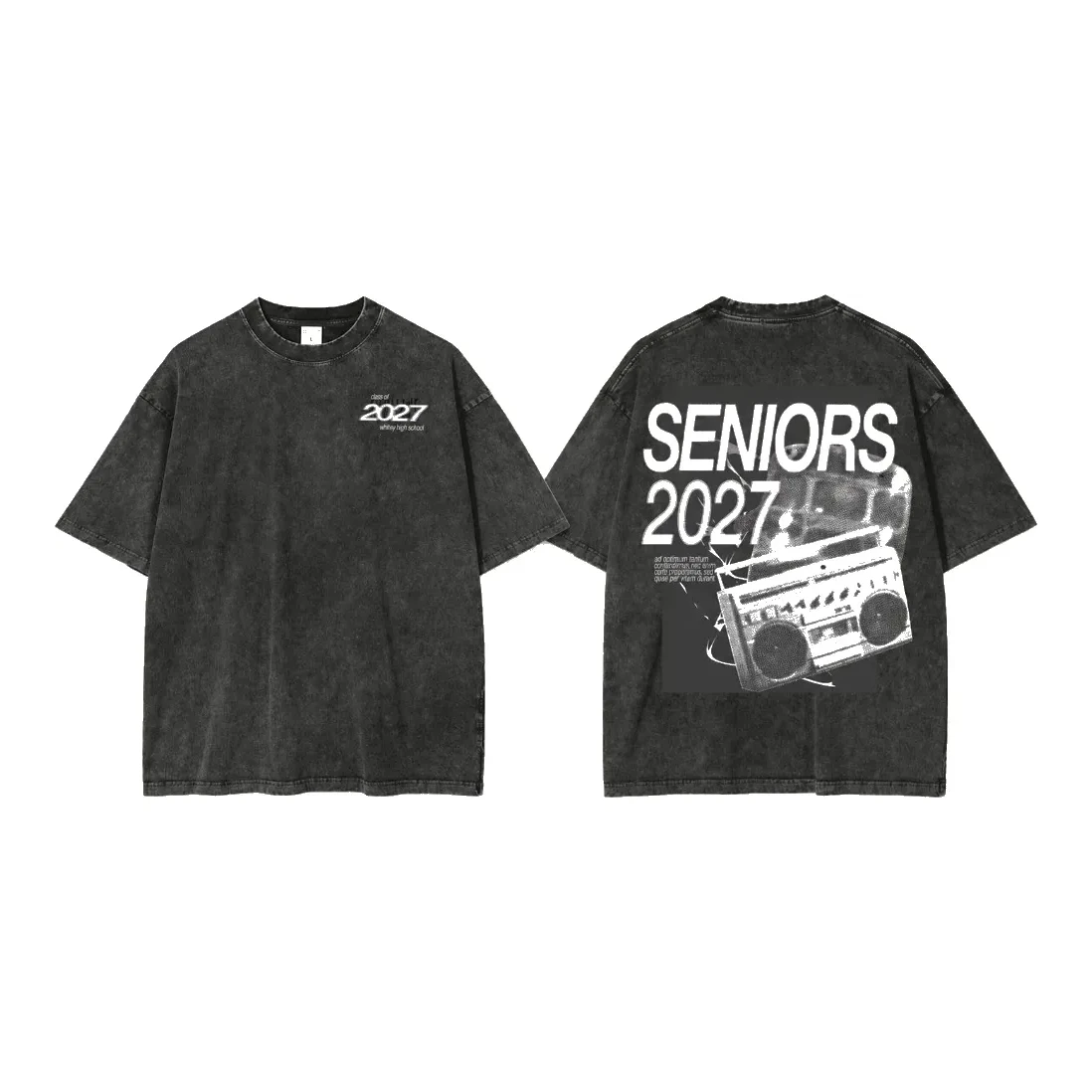 Washed charcoal senior class tee showing front chest Class of 2027 lockup and back SENIORS 2027 boombox print