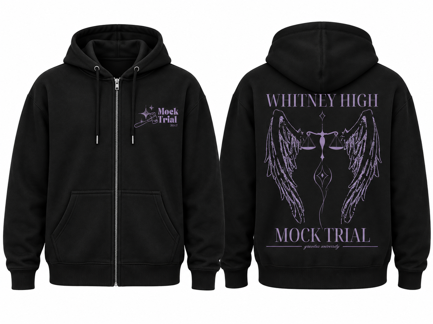 Front and back of a black Whitney High School Mock Trial zip hoodie with a lavender gavel chest graphic and winged scales of justice on the back