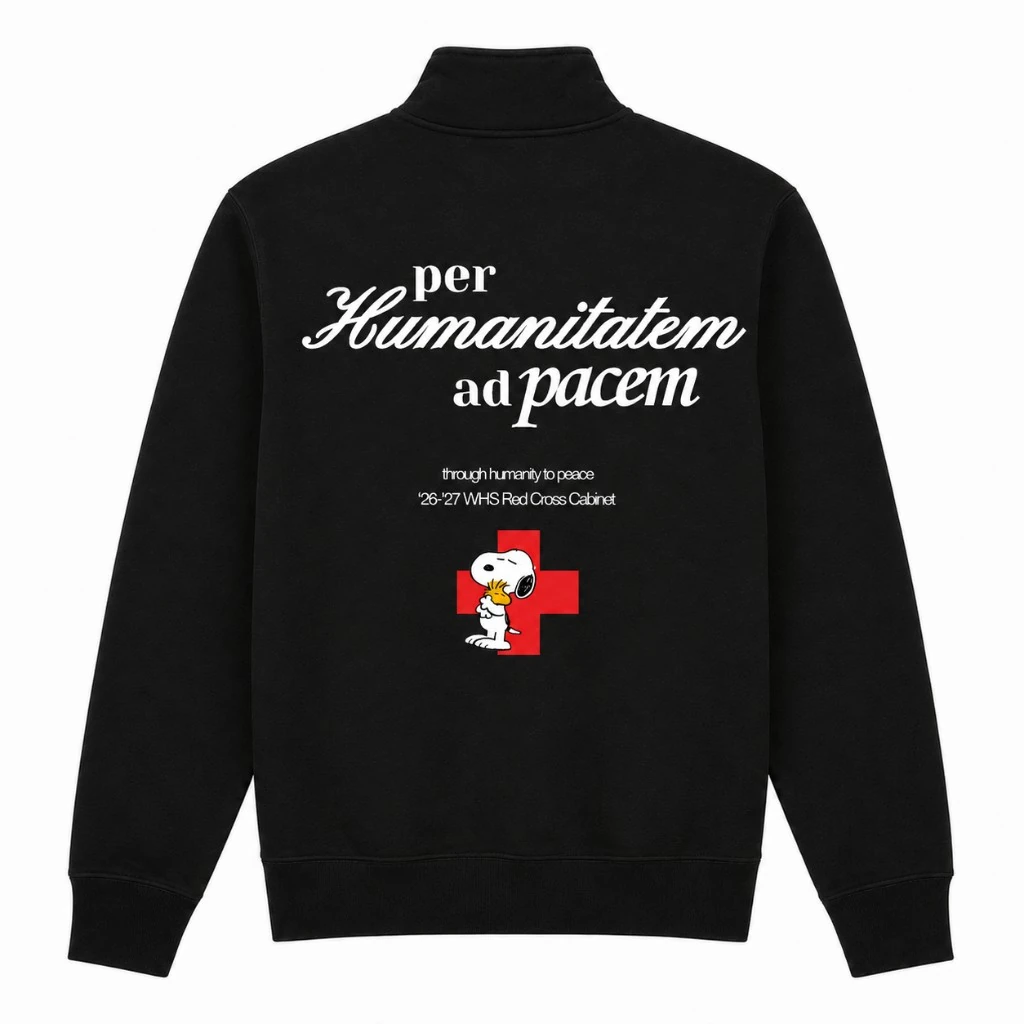 Back of the black quarter-zip with per Humanitatem ad pacem, through humanity to peace, and a red cross graphic