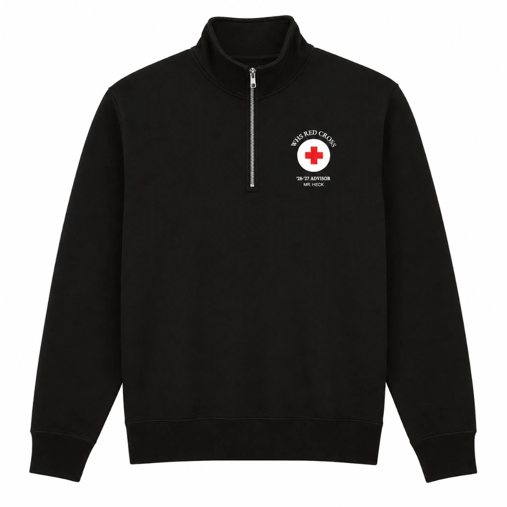 Black quarter-zip with a WHS Red Cross chest mark and personalized '26-'27 advisor lettering for Mr. Heck