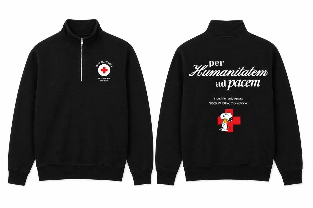 Black Whitney High School Red Cross Club quarter-zip showing a personalized left-chest mark and a back graphic with the club motto over a red cross