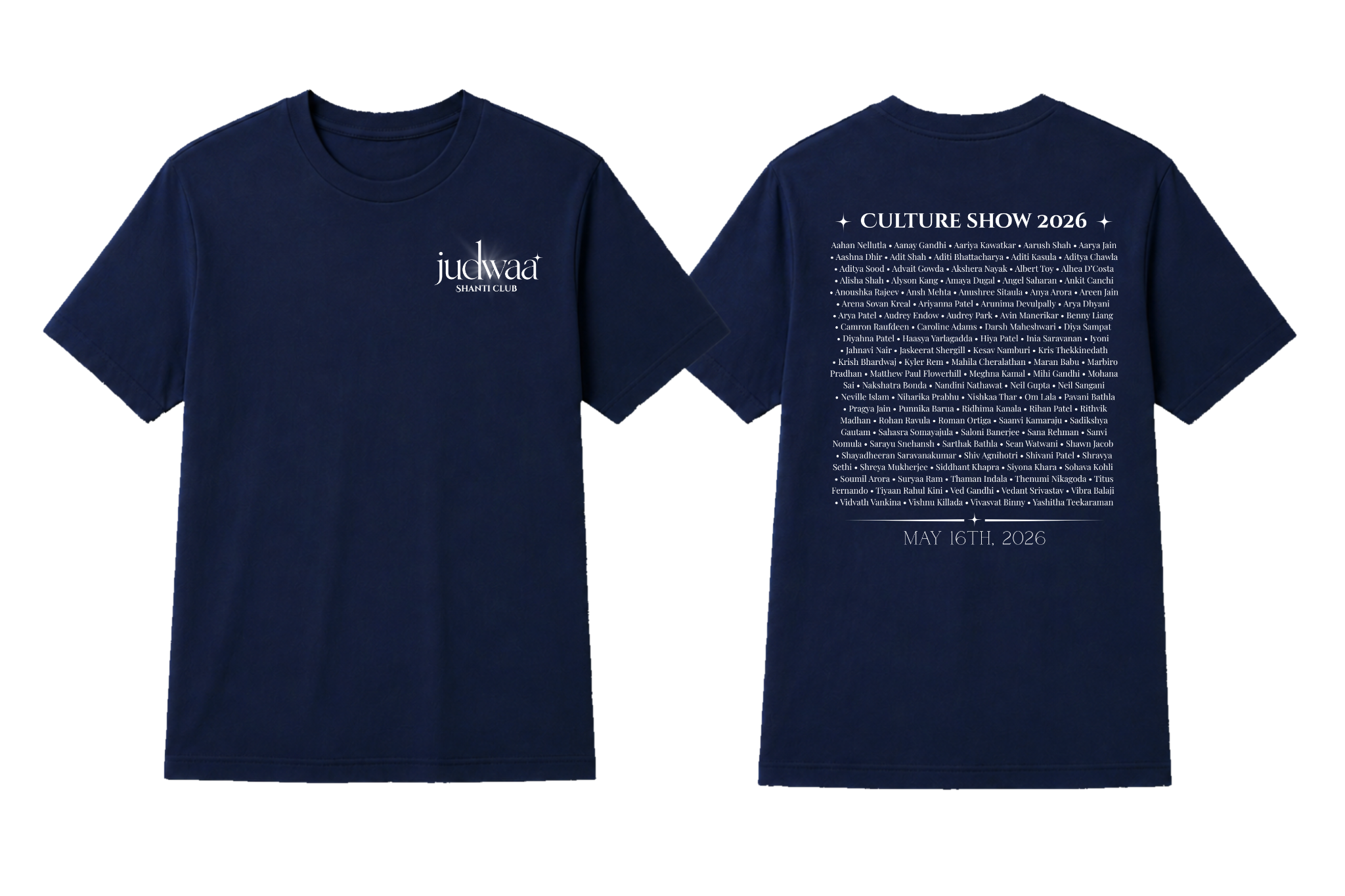 Navy crewneck tee with judwaa Shanti Club chest logo and Culture Show 2026 back print