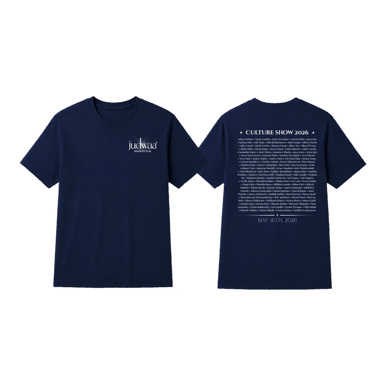Navy tee with Shanti Club chest logo and Culture Show 2026 back print