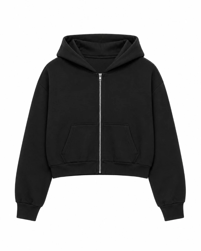 jet black hoodie, Crop Zip Hoodie product photo on studio background