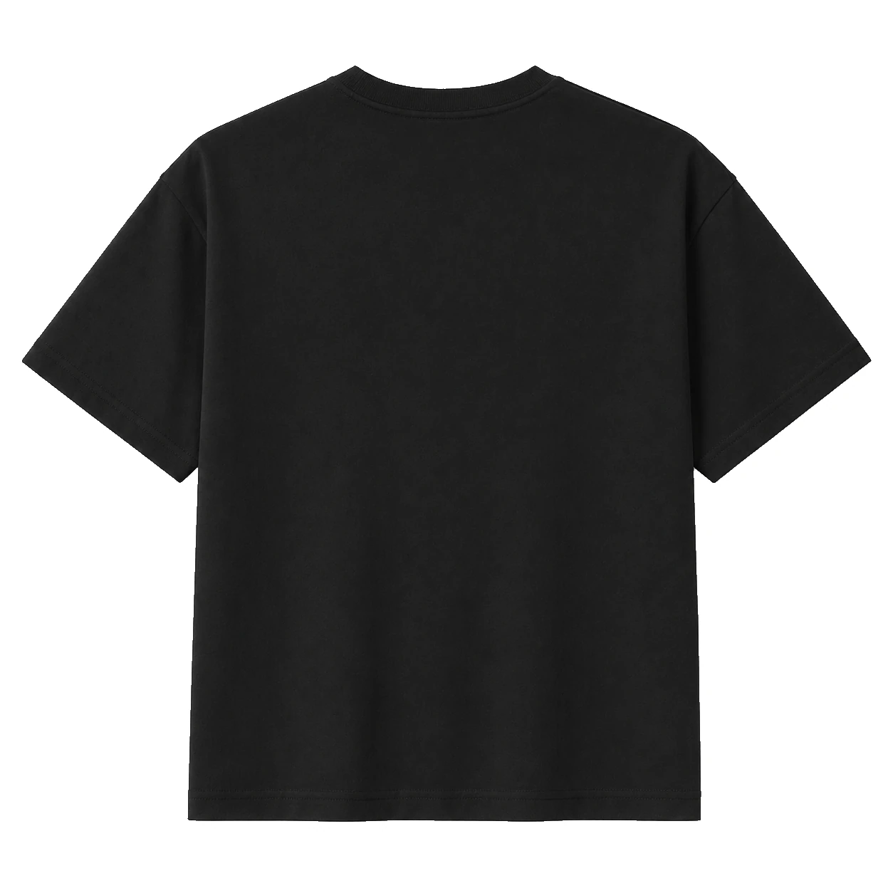 black t-shirt, Drop Shoulder Tee product photo on studio background, back view