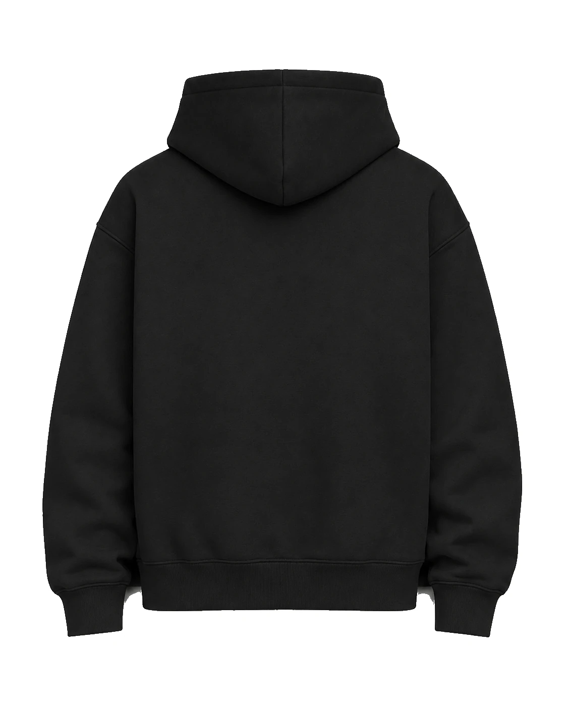 Black heavyweight hoodie shown from the back, the panel a large DTF graphic prints on