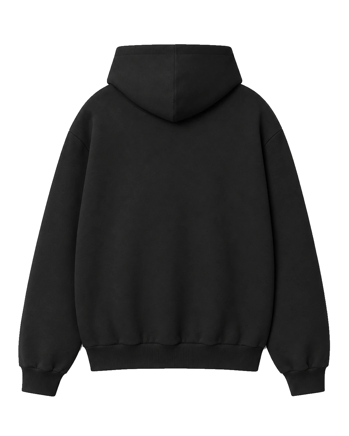 black hoodie, Merch Hoodie product photo on studio background, back view