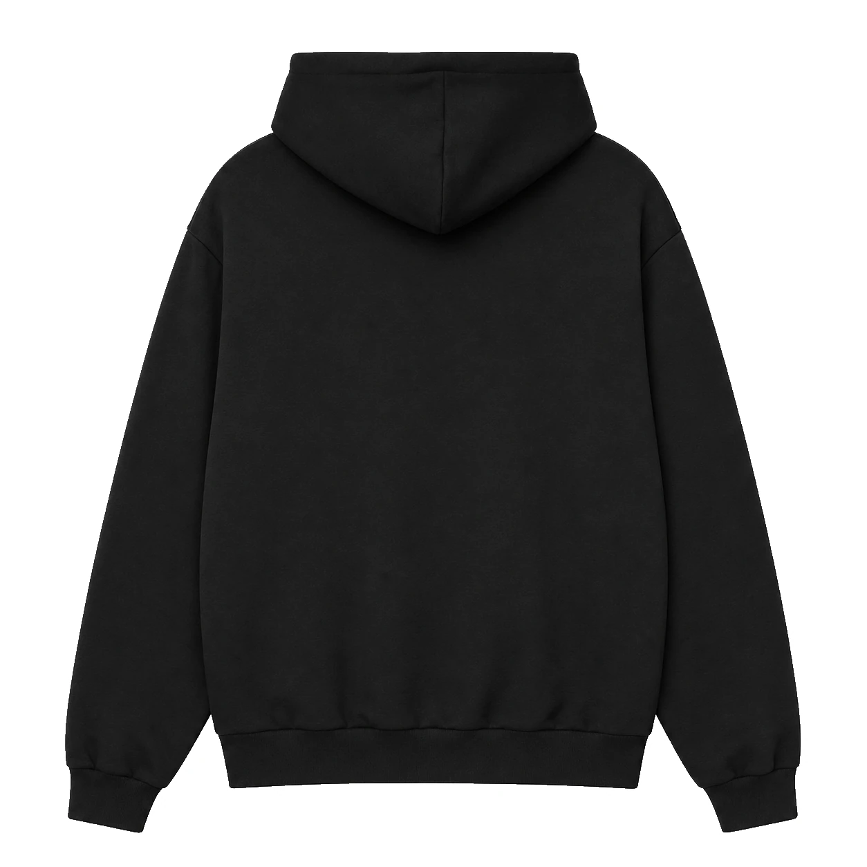 black hoodie, Premium Hoodie product photo on studio background, back view